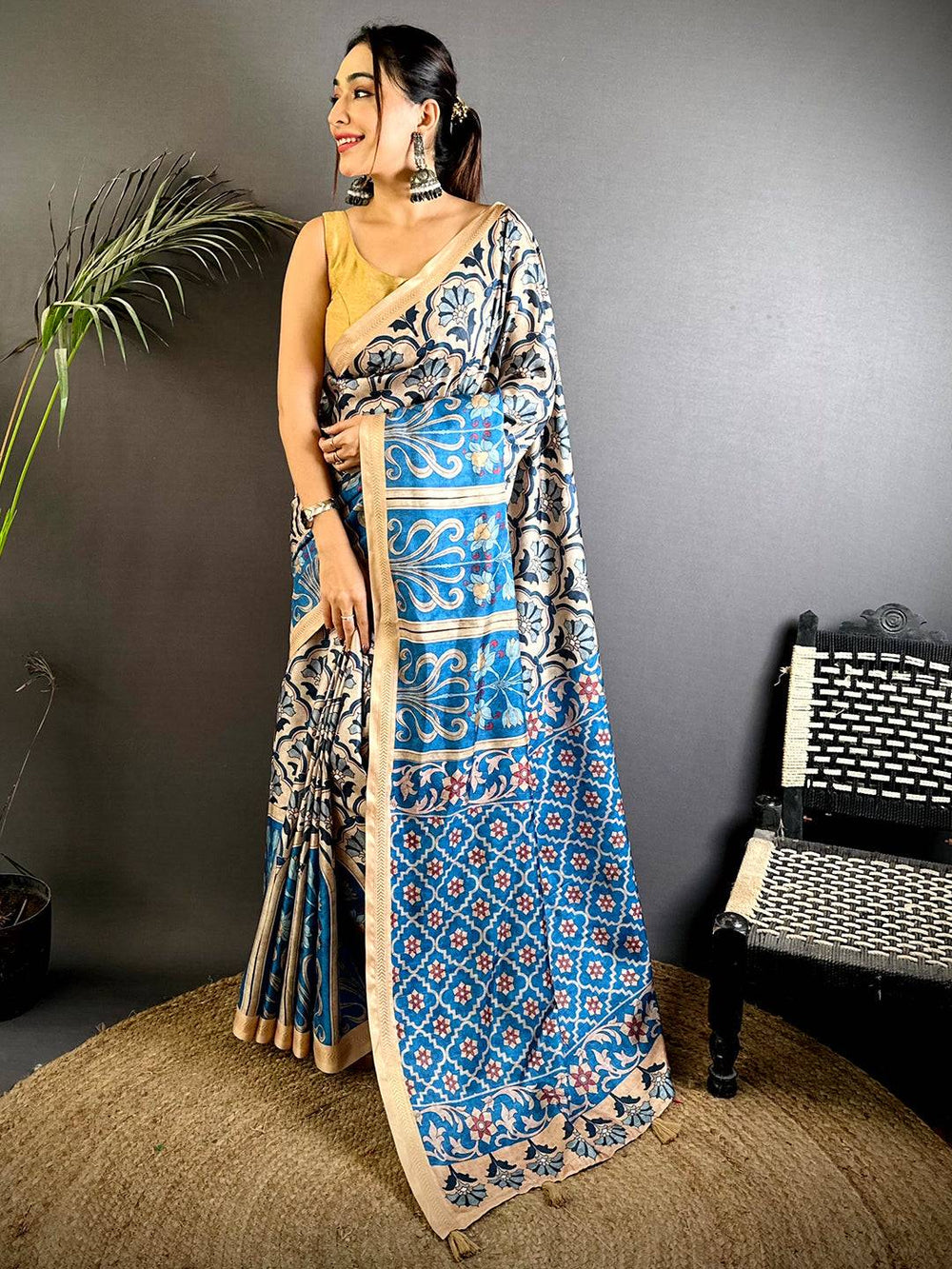 Blue & Beige Printed Linen Silk Saree with Floral & Geometric Design