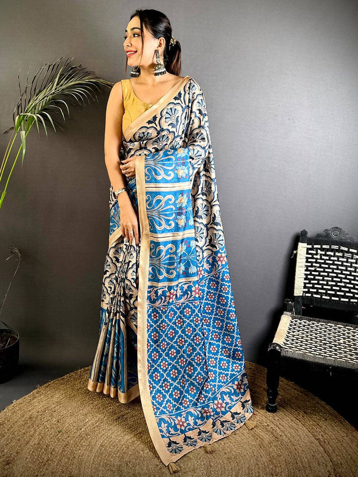 Blue & Beige Printed Linen Silk Saree with Floral & Geometric Design