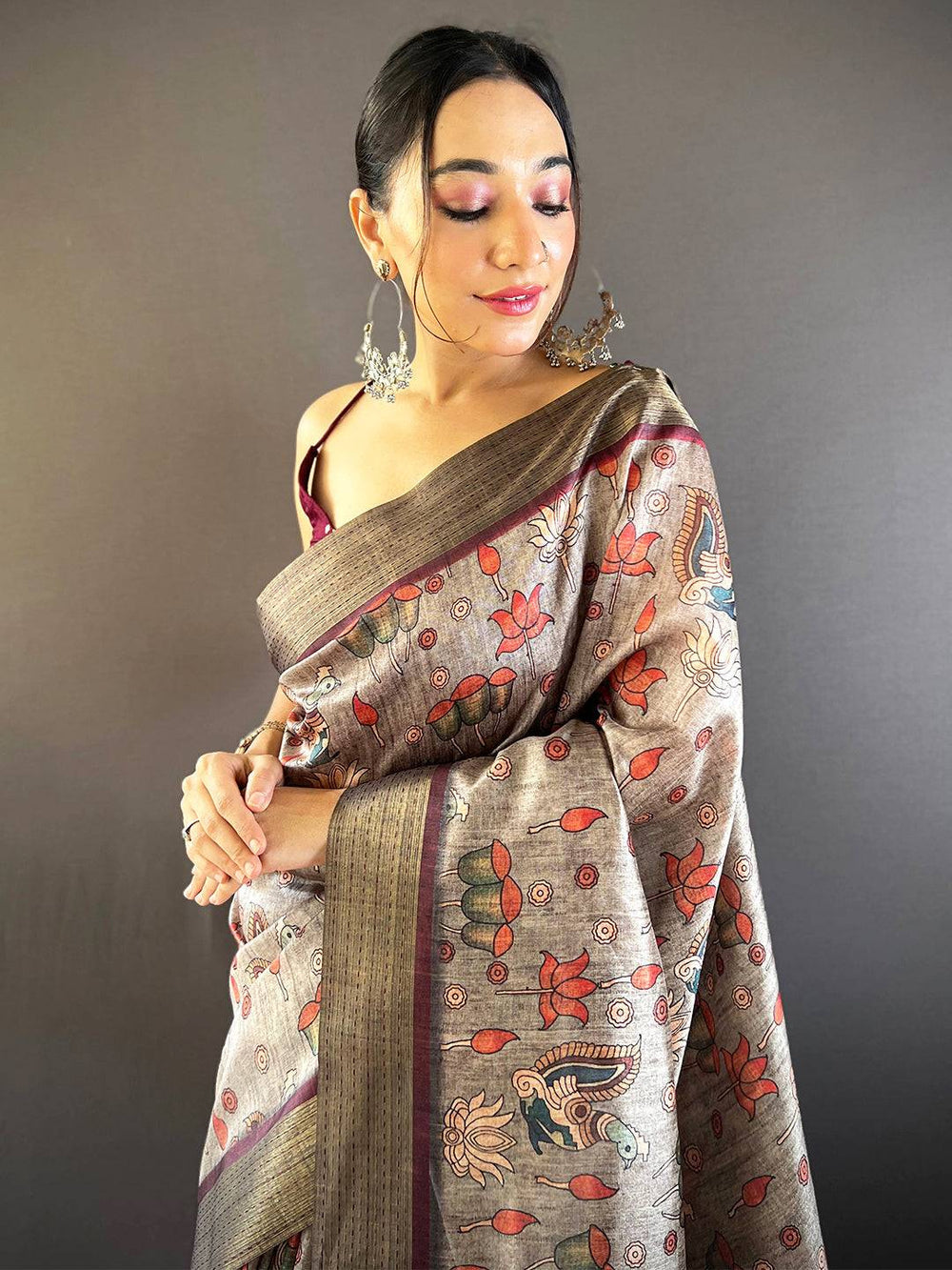 Grey Kalamkari Soft Silk Saree with Maroon Zari Border & Traditional Artwork