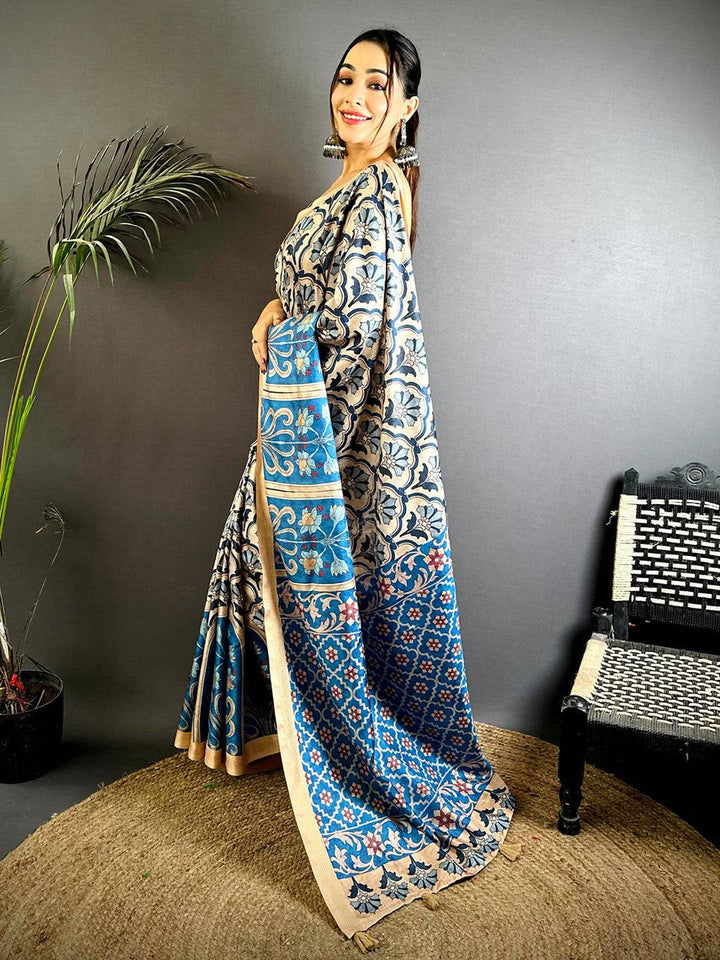 Blue & Beige Printed Linen Silk Saree with Floral & Geometric Design