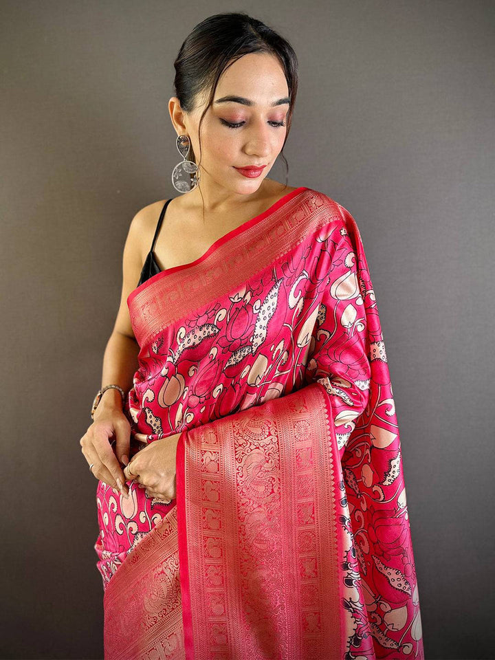 Rani Pink Soft Silk Saree with Artistic Floral Print & Rich Zari Border