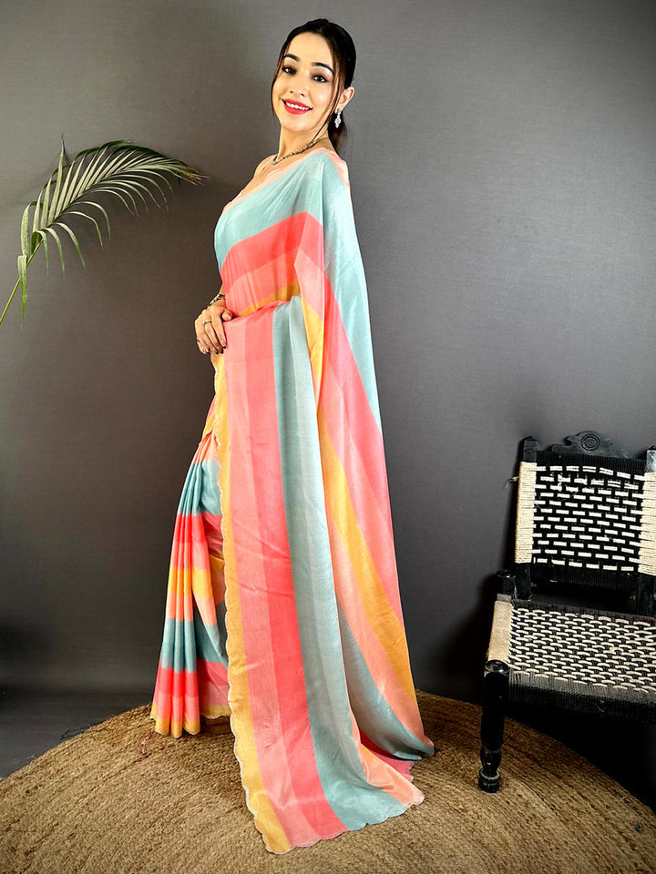 Pastel Multicolor Striped Organza Silk Saree with Scallop Border