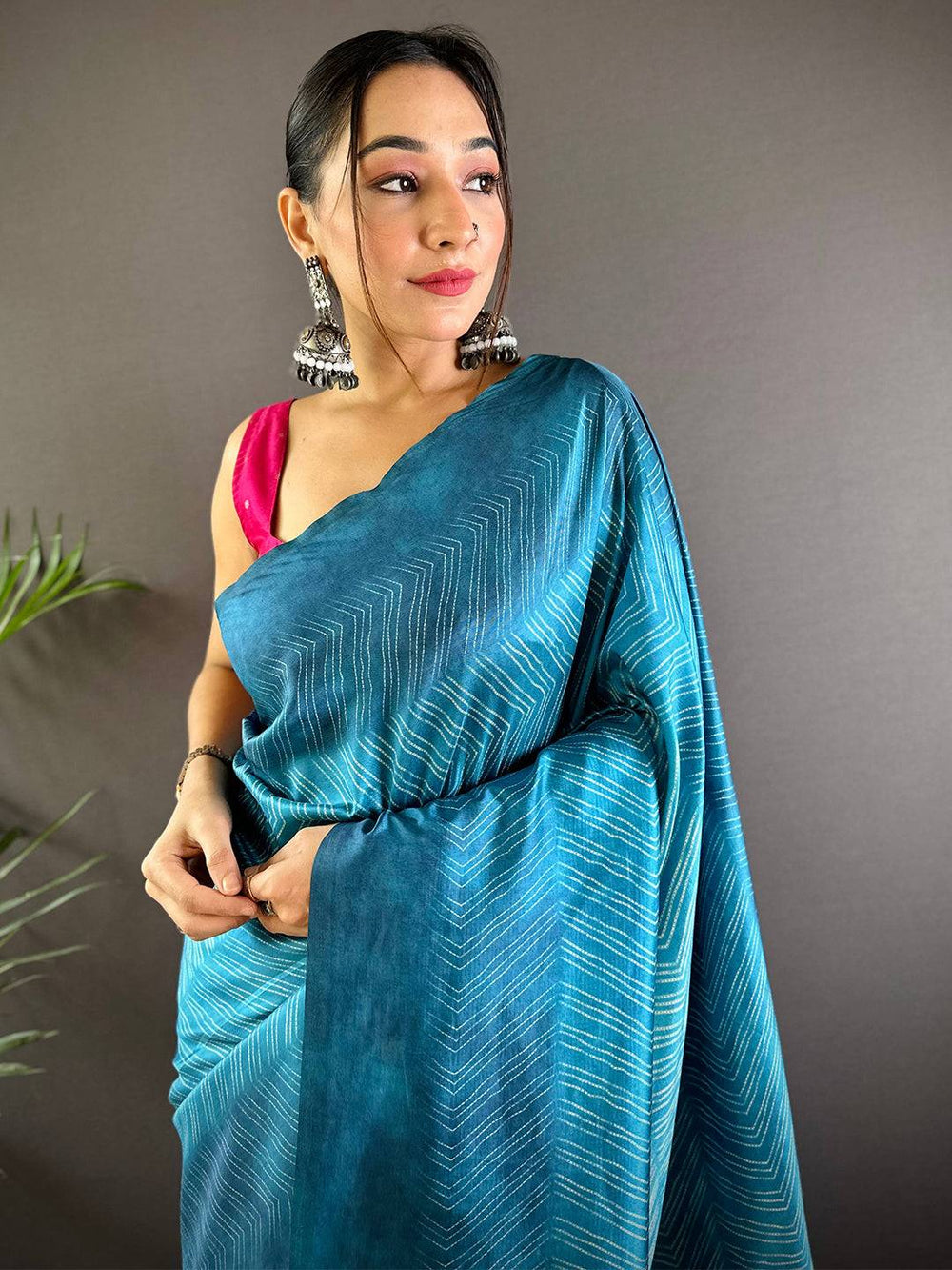 Teal Blue Soft Silk Saree with Pink Contrast Border & Floral Weaving