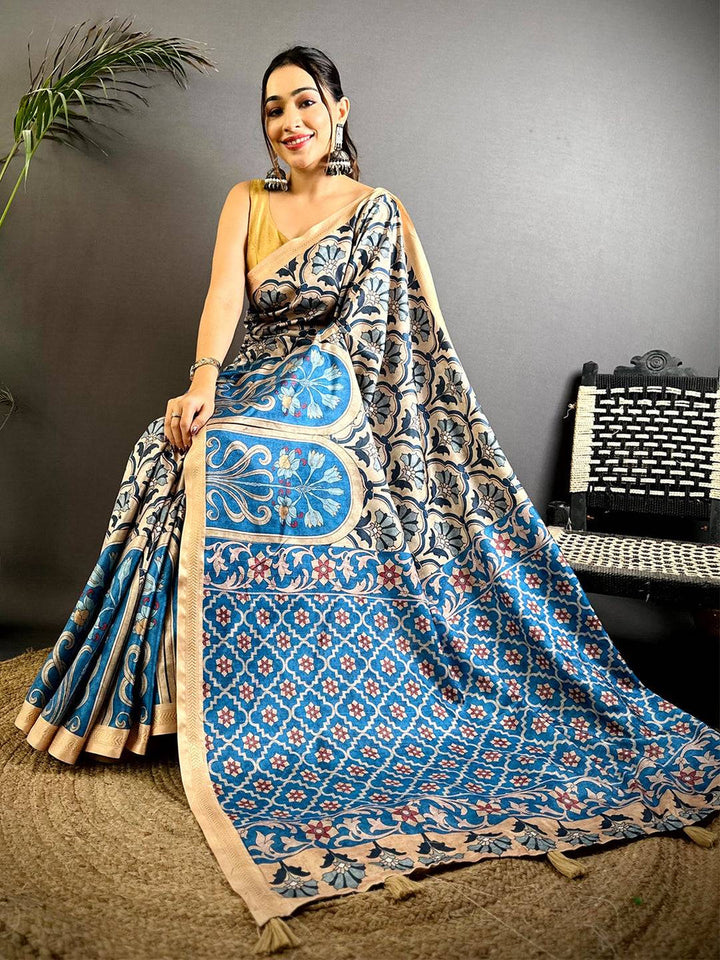 Blue & Beige Printed Linen Silk Saree with Floral & Geometric Design
