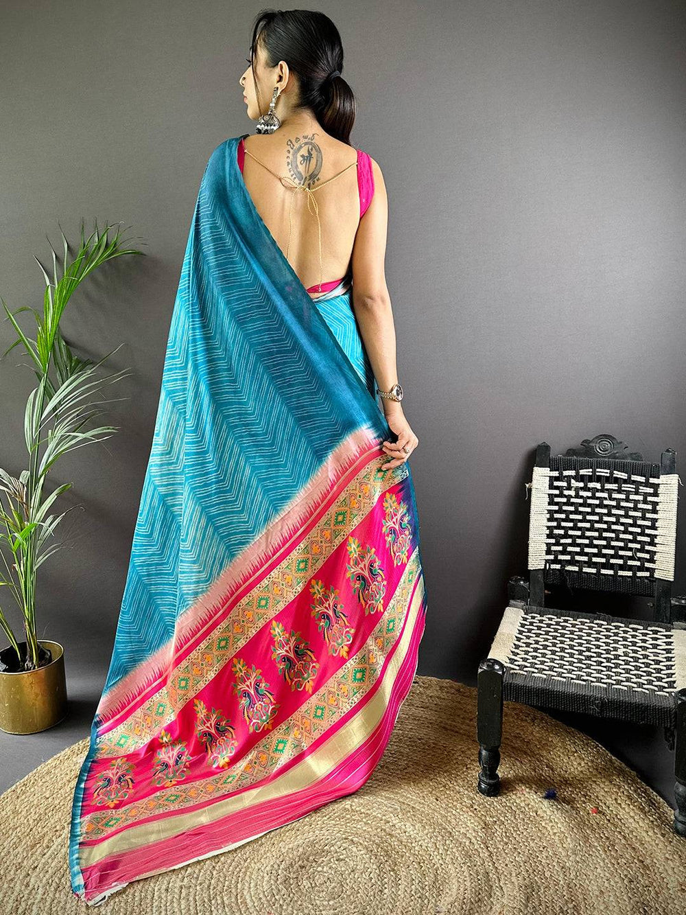 Teal Blue Soft Silk Saree with Pink Contrast Border & Floral Weaving