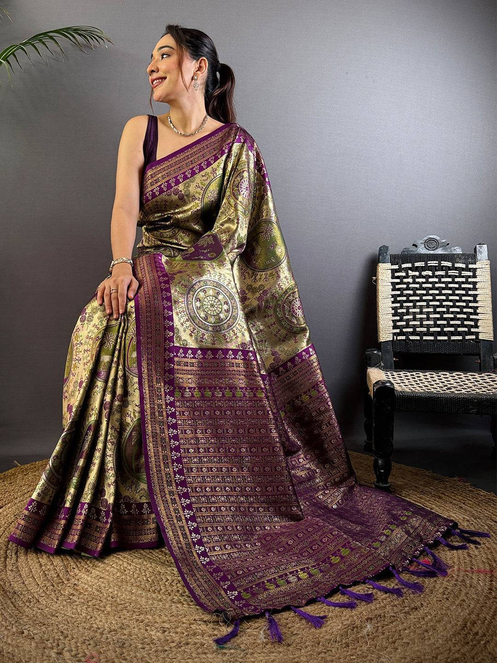 Olive Green & Purple Banarasi Silk Saree with Rich Zari Weaving & Tassels