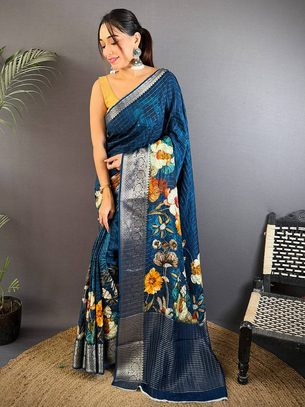 Navy Blue Floral Printed Silk Saree with Silver Zari Border & Rich Pallu