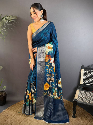 Navy Blue Floral Printed Silk Saree with Silver Zari Border & Rich Pallu