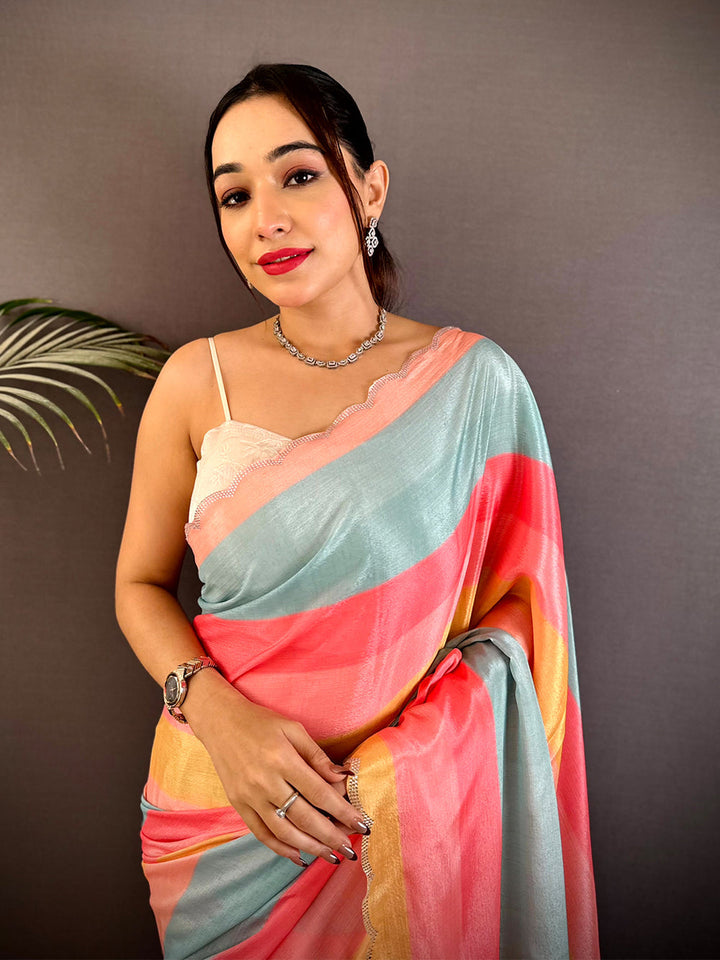 Pastel Multicolor Striped Organza Silk Saree with Scallop Border