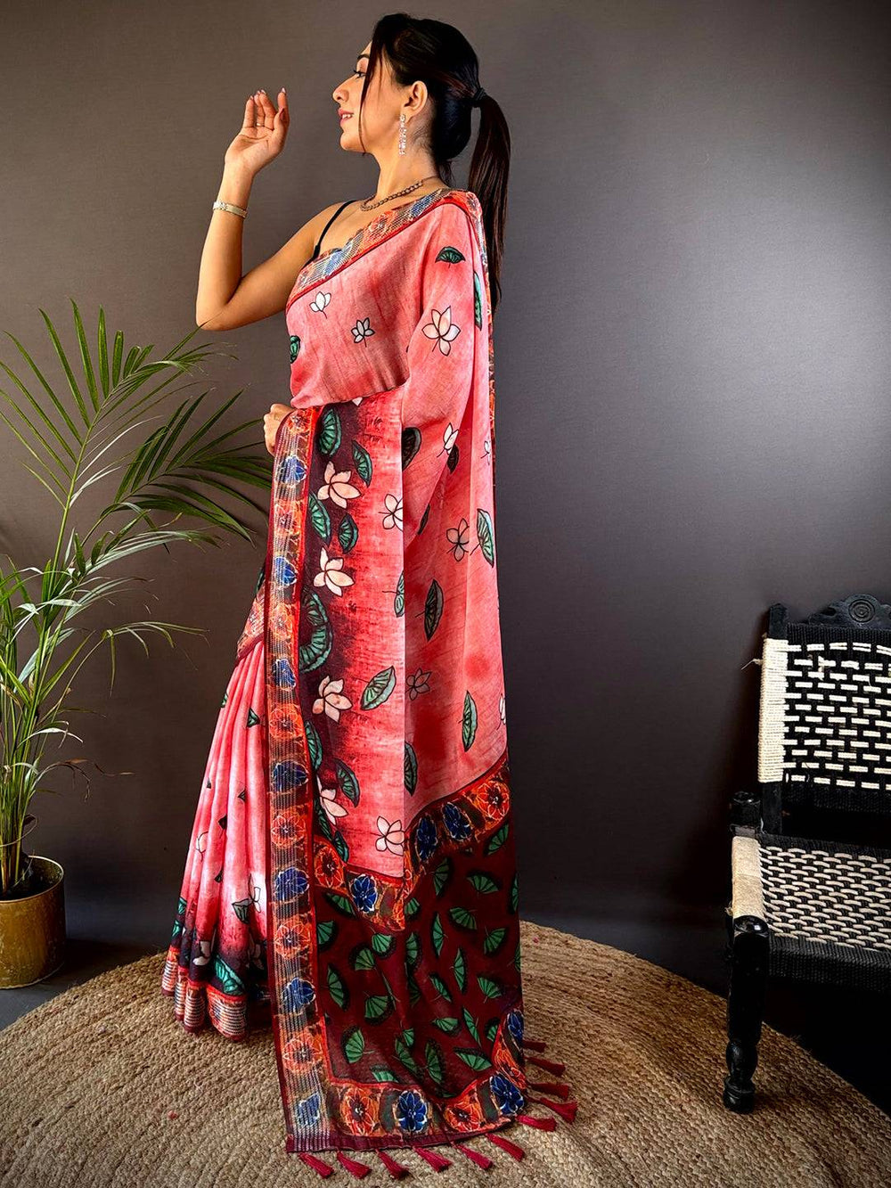 Peach Red Soft Silk Saree with Hand Painted Style Floral Print & Contrast Maroon Border