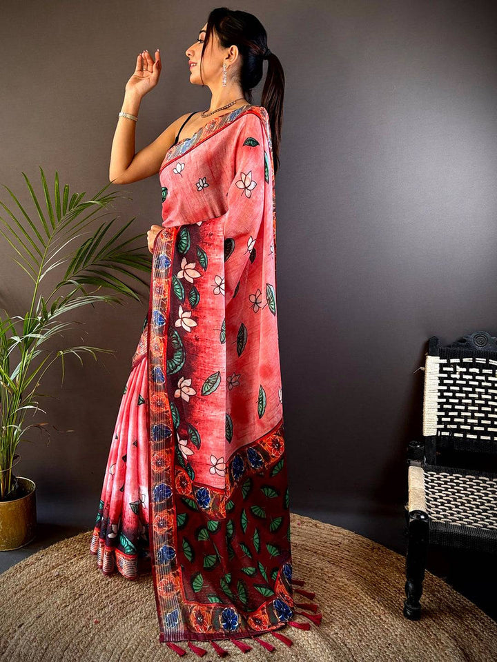 Peach Red Soft Silk Saree with Hand Painted Style Floral Print & Contrast Maroon Border