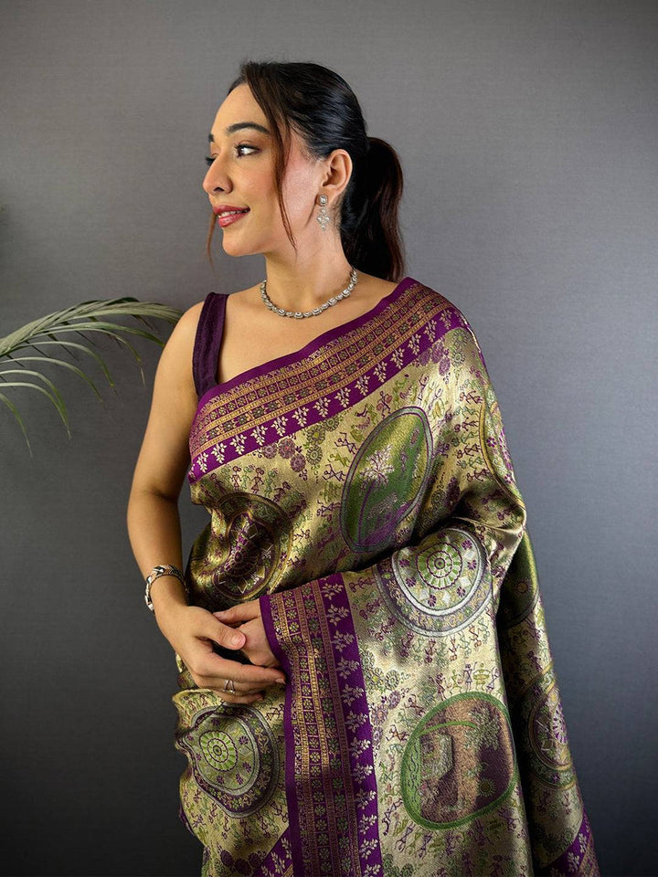 Olive Green & Purple Banarasi Silk Saree with Rich Zari Weaving & Tassels