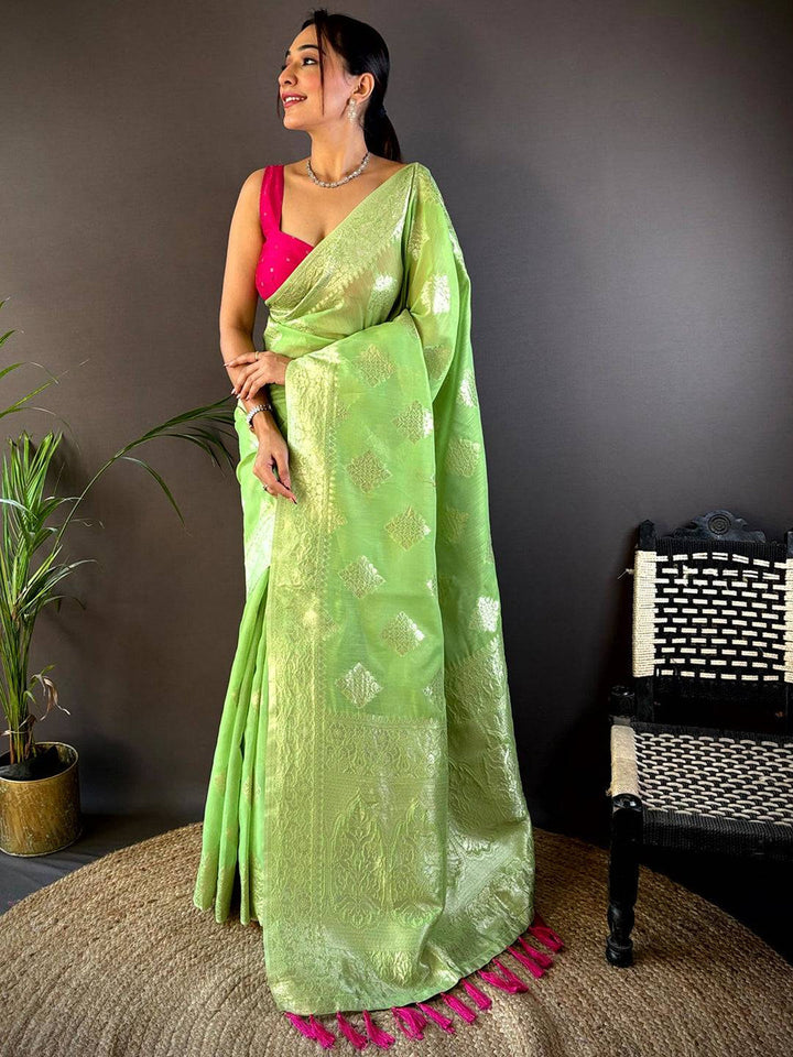 Lime Green Banarasi Soft Silk Saree with Silver Zari Motifs & Contrast Pink Tassels