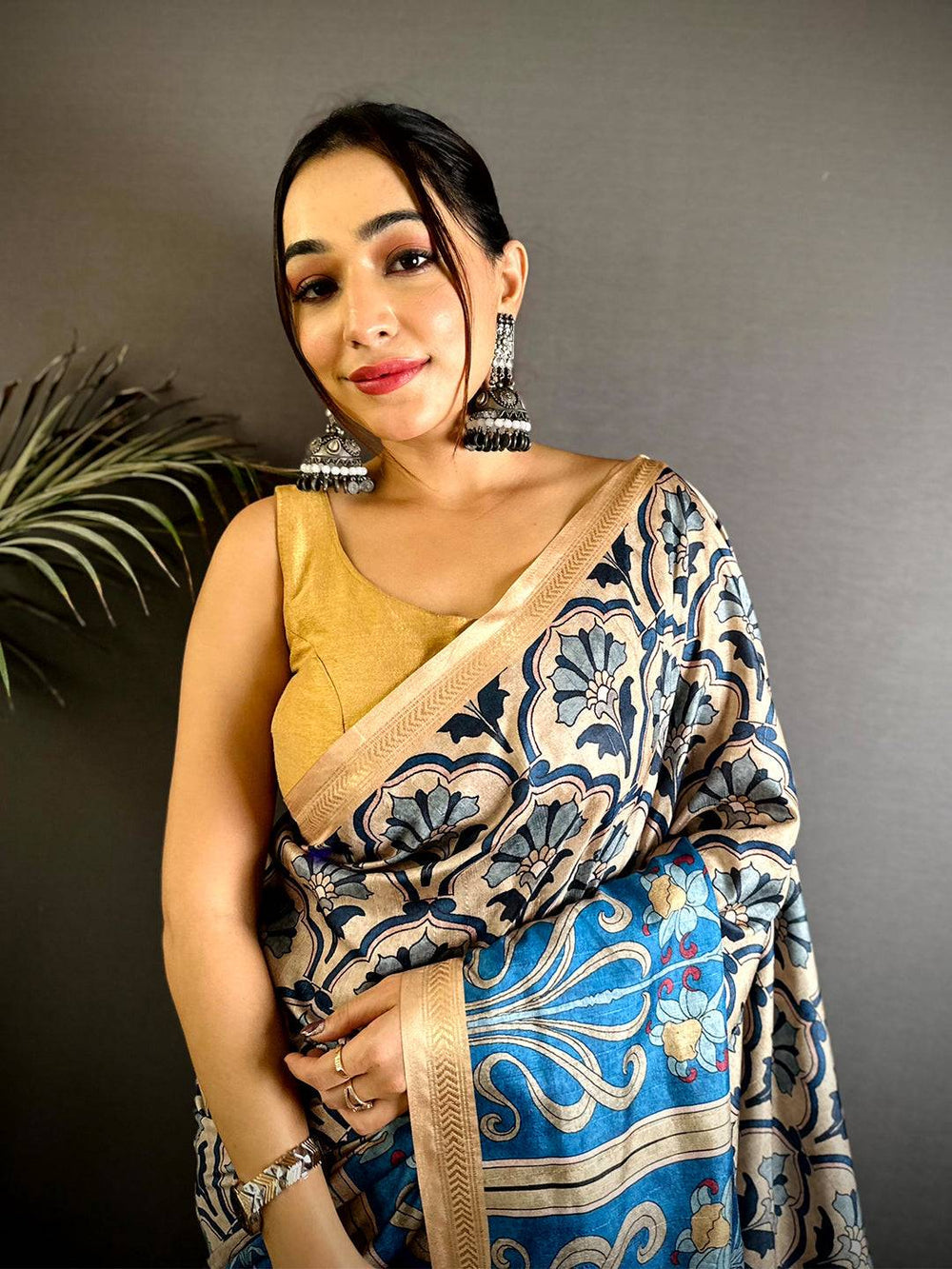 Blue & Beige Printed Linen Silk Saree with Floral & Geometric Design