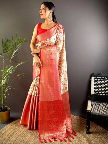 Cream Floral Soft Silk Saree with Red Banarasi Zari Border & Tassels