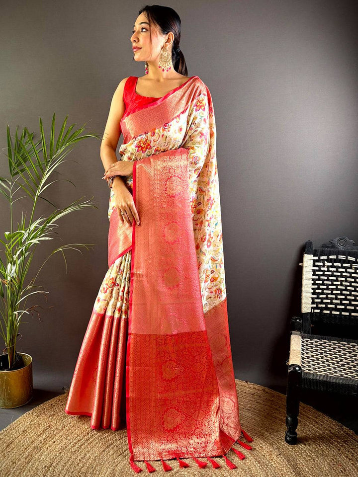 Cream Floral Soft Silk Saree with Red Banarasi Zari Border & Tassels