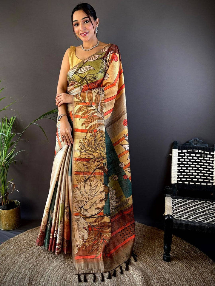 Multicolor Soft Silk Saree with Artistic Abstract Floral Print & Contrast Tassel Pallu
