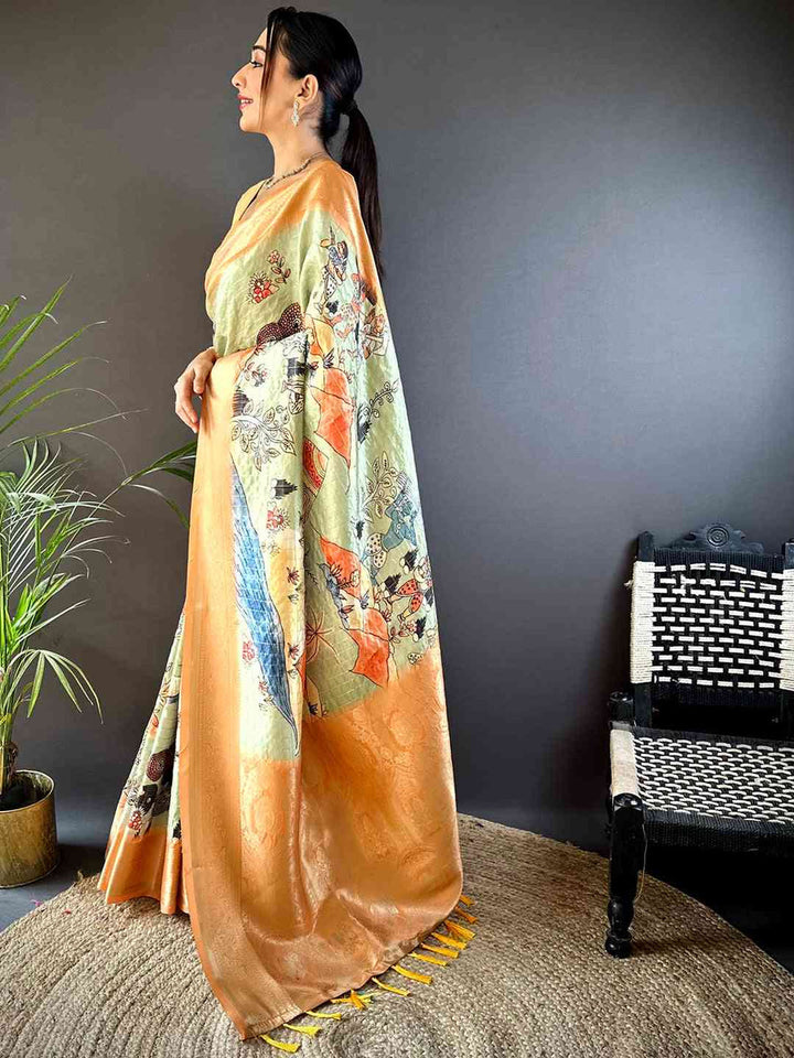 Peach & Mint Soft Silk Saree with Artistic Printed Pallu & Golden Zari Border