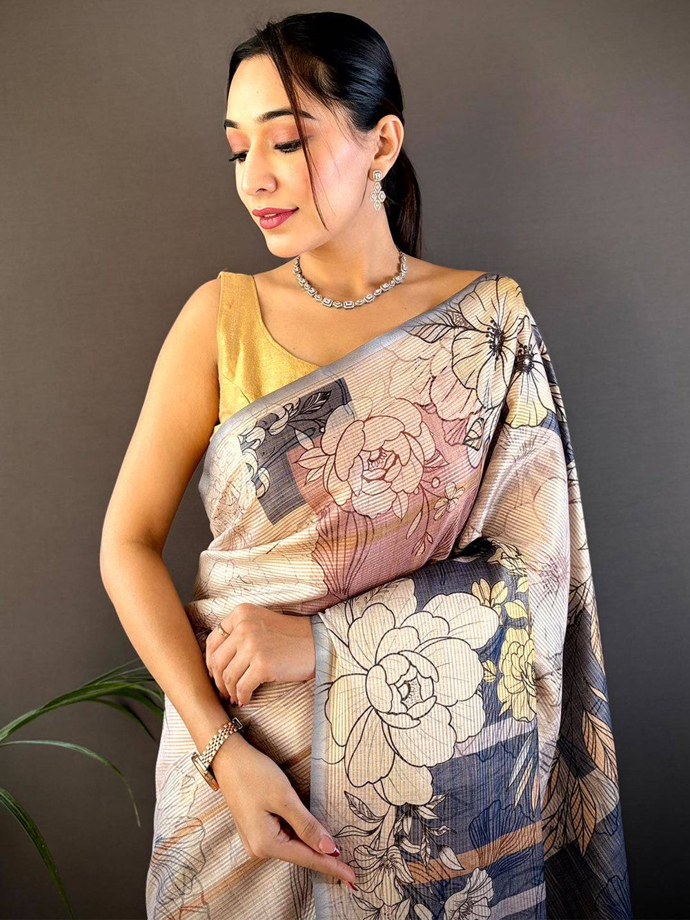 Beige Soft Silk Saree with Grey Floral Digital Print & Contrast Tassel Pallu