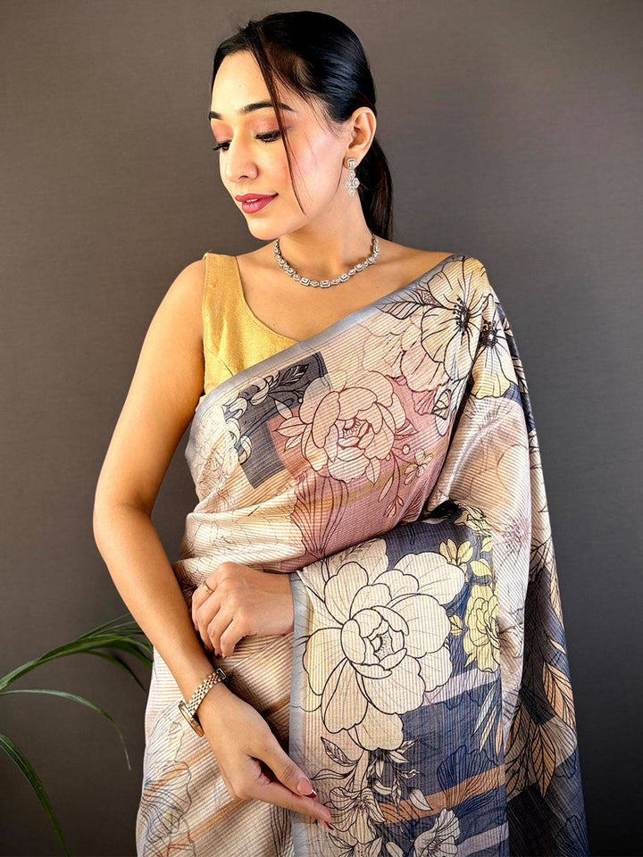 Beige Soft Silk Saree with Grey Floral Digital Print & Contrast Tassel Pallu
