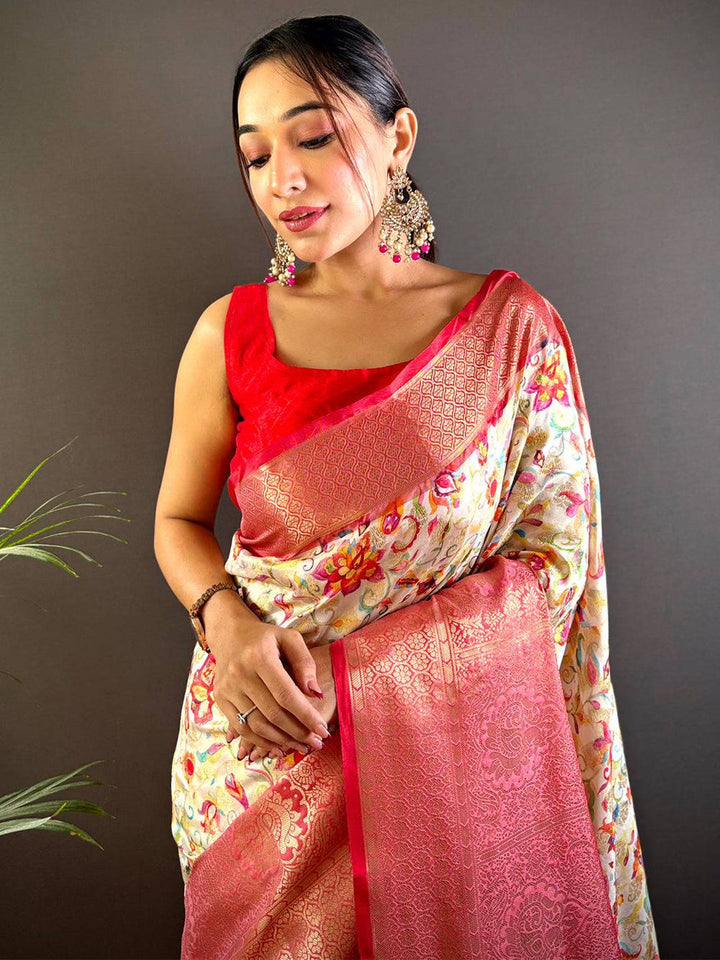 Cream Floral Soft Silk Saree with Red Banarasi Zari Border & Tassels