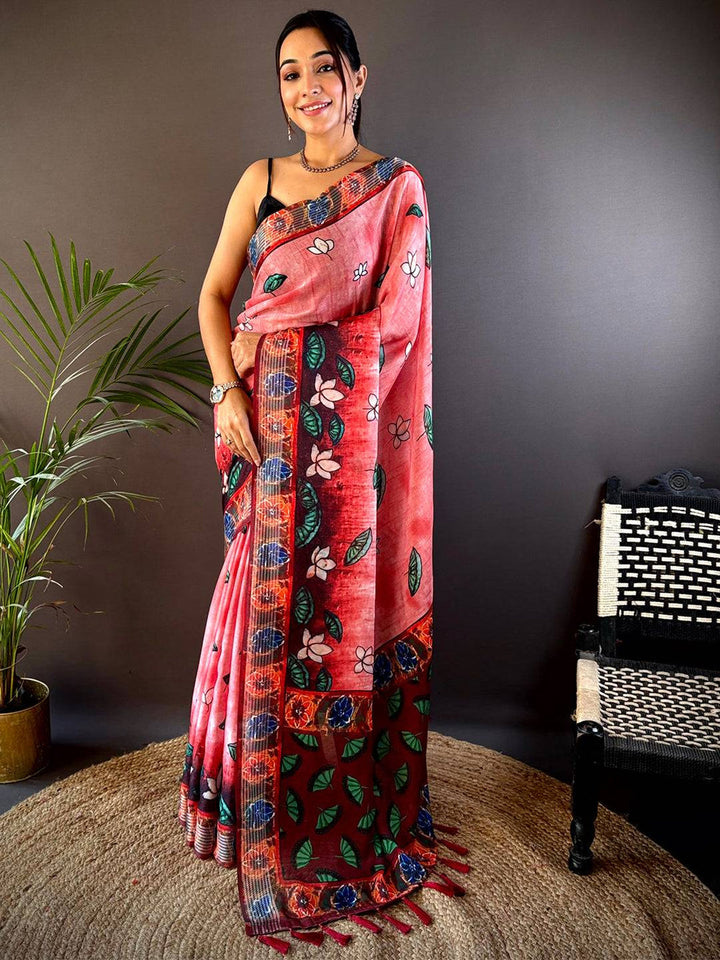 Peach Red Soft Silk Saree with Hand Painted Style Floral Print & Contrast Maroon Border