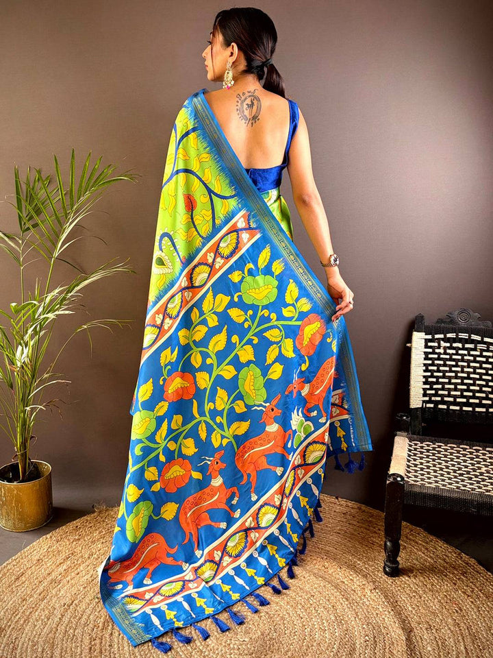 Lime Green & Royal Blue Madhubani Soft Silk Saree with Traditional Animal & Floral Print