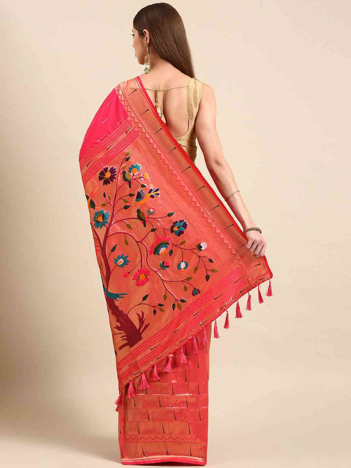 Pink Kanjivaram Silk Saree with Gold Zari Border & Multicolor Meenakari Weaving