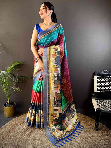 Multicolor Printed Silk Saree with Village Theme Artwork & Rich Designer Pallu
