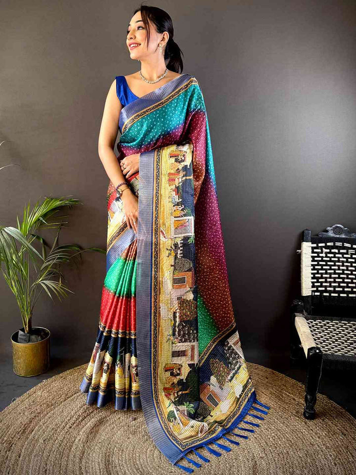 Multicolor Printed Silk Saree with Village Theme Artwork & Rich Designer Pallu