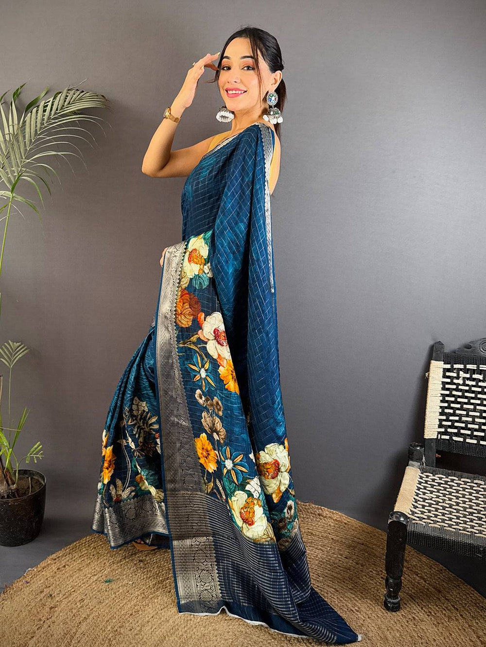 Navy Blue Floral Printed Silk Saree with Silver Zari Border & Rich Pallu
