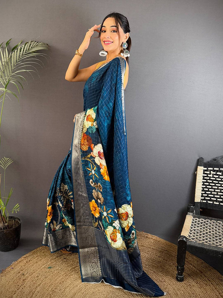 Navy Blue Floral Printed Silk Saree with Silver Zari Border & Rich Pallu