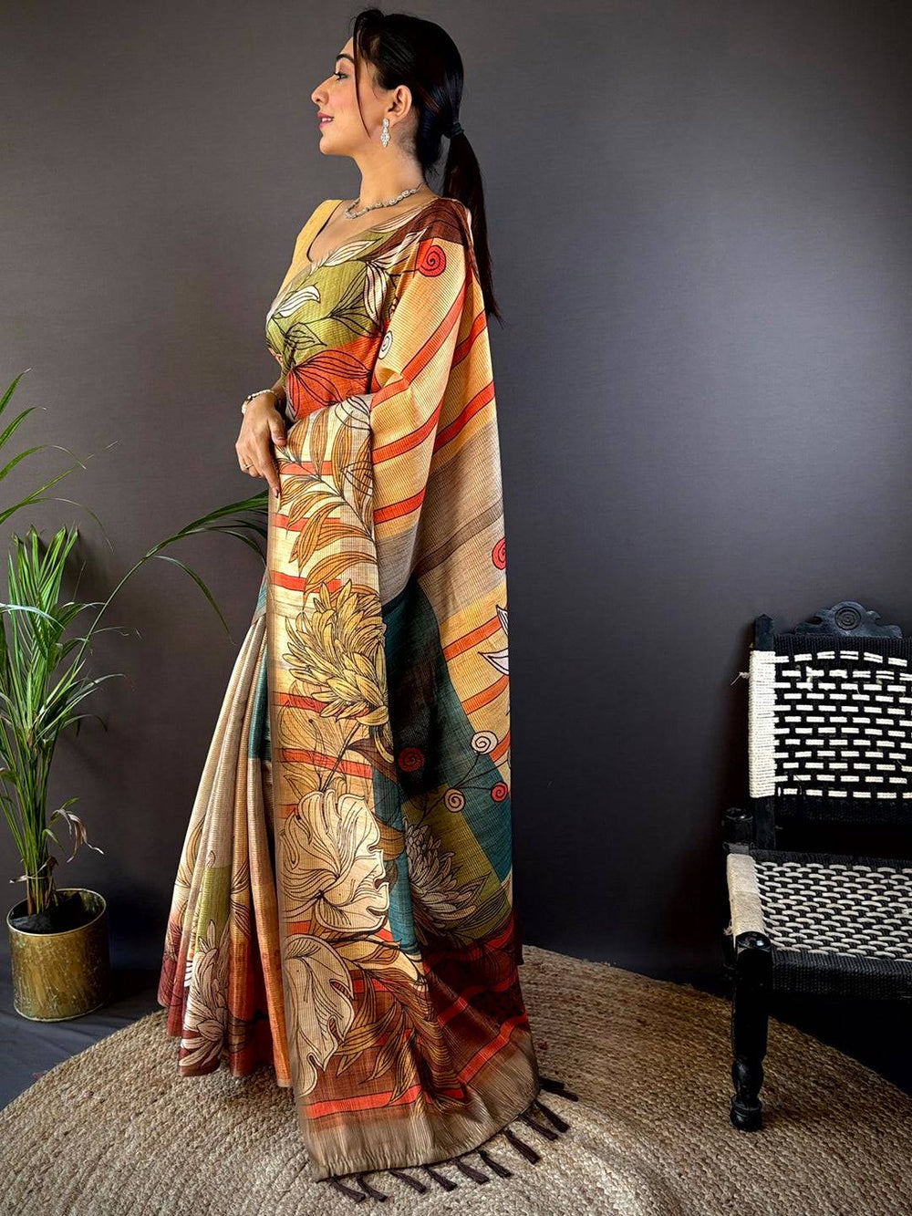 Multicolor Soft Silk Saree with Artistic Abstract Floral Print & Contrast Tassel Pallu