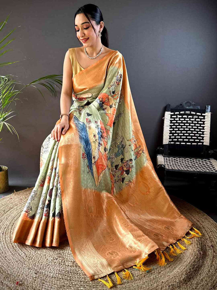 Peach & Mint Soft Silk Saree with Artistic Printed Pallu & Golden Zari Border