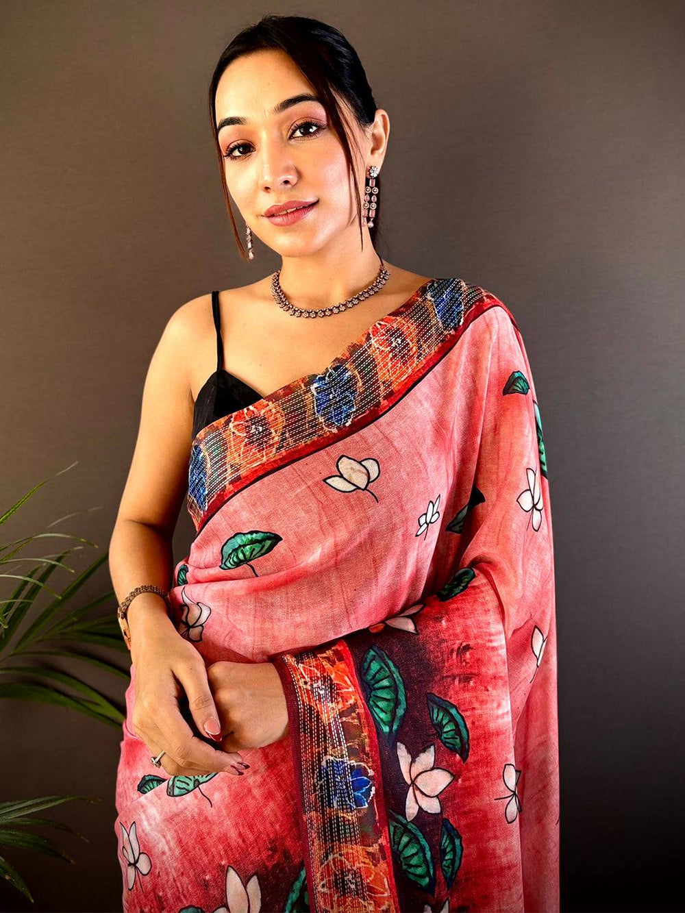 Peach Red Soft Silk Saree with Hand Painted Style Floral Print & Contrast Maroon Border