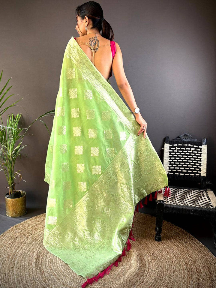 Lime Green Banarasi Soft Silk Saree with Silver Zari Motifs & Contrast Pink Tassels
