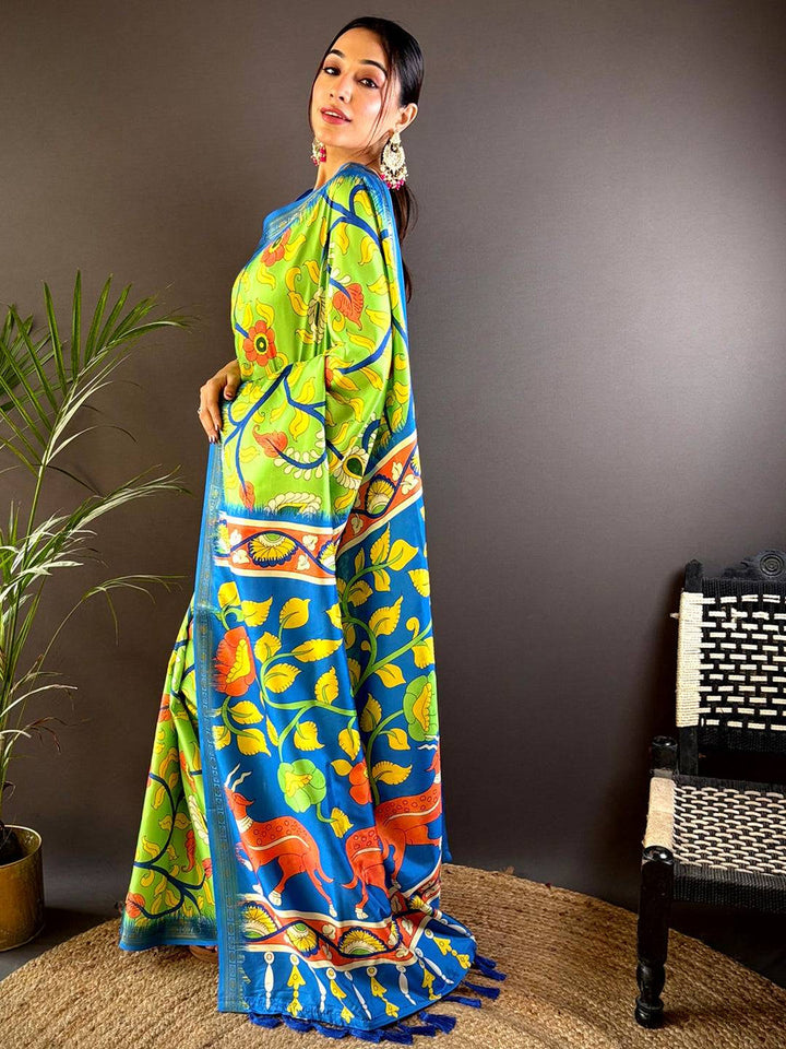 Lime Green & Royal Blue Madhubani Soft Silk Saree with Traditional Animal & Floral Print