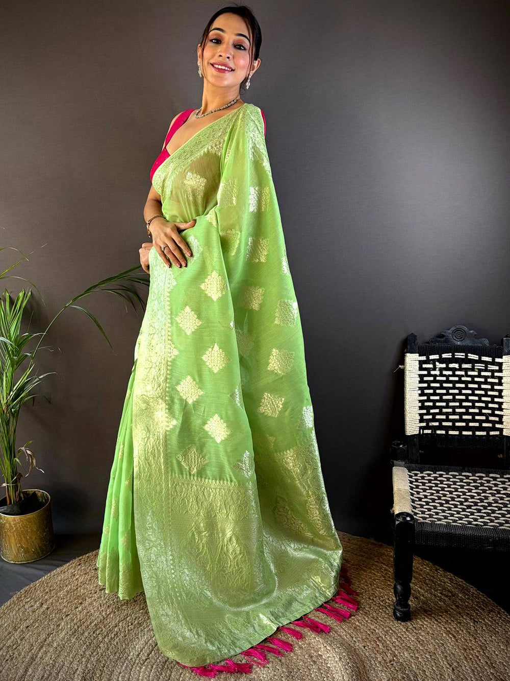 Lime Green Banarasi Soft Silk Saree with Silver Zari Motifs & Contrast Pink Tassels