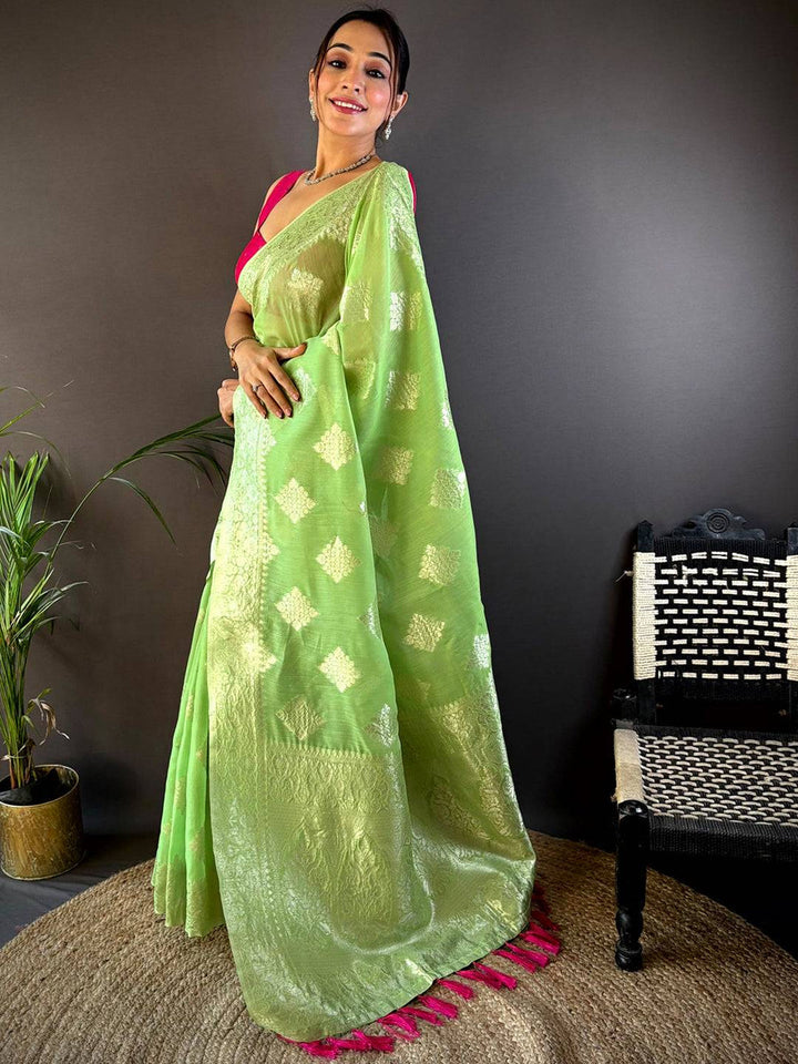 Lime Green Banarasi Soft Silk Saree with Silver Zari Motifs & Contrast Pink Tassels