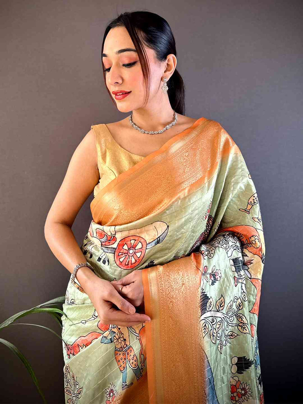 Peach & Mint Soft Silk Saree with Artistic Printed Pallu & Golden Zari Border