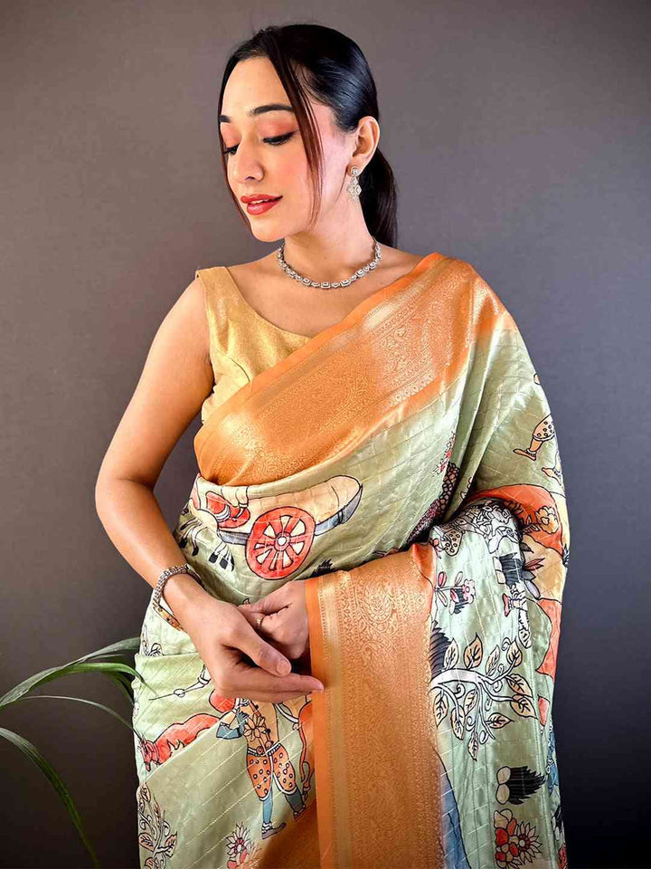 Peach & Mint Soft Silk Saree with Artistic Printed Pallu & Golden Zari Border