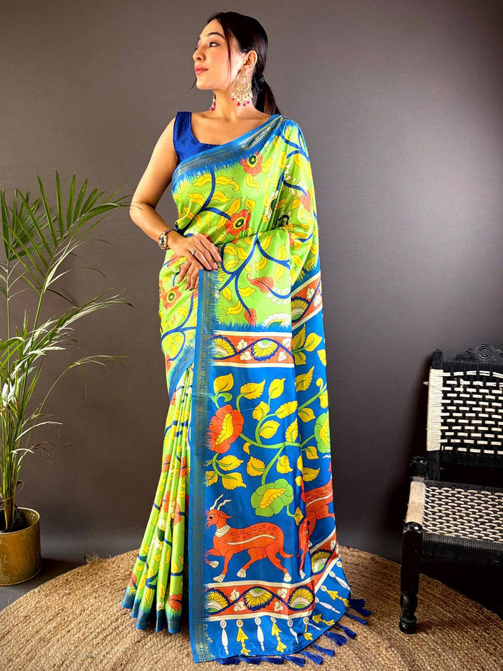 Lime Green & Royal Blue Madhubani Soft Silk Saree with Traditional Animal & Floral Print