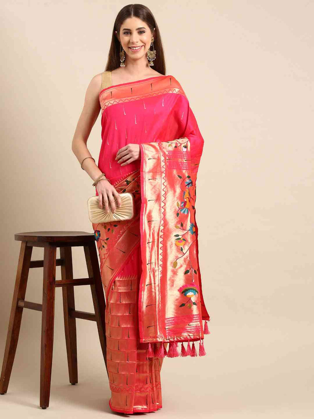 Pink Kanjivaram Silk Saree with Gold Zari Border & Multicolor Meenakari Weaving