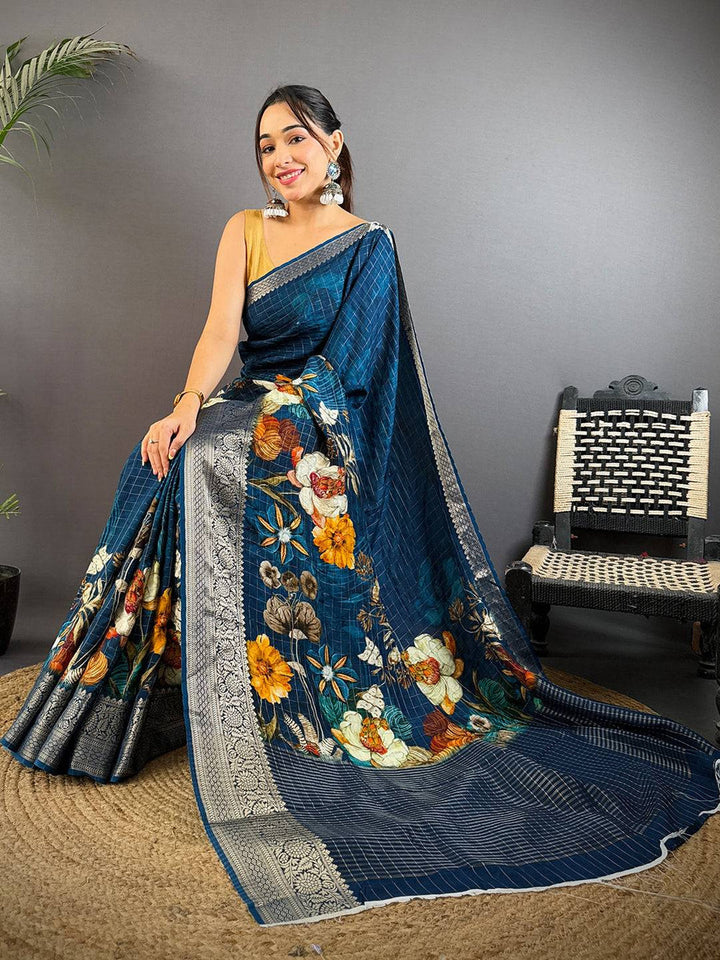 Navy Blue Floral Printed Silk Saree with Silver Zari Border & Rich Pallu