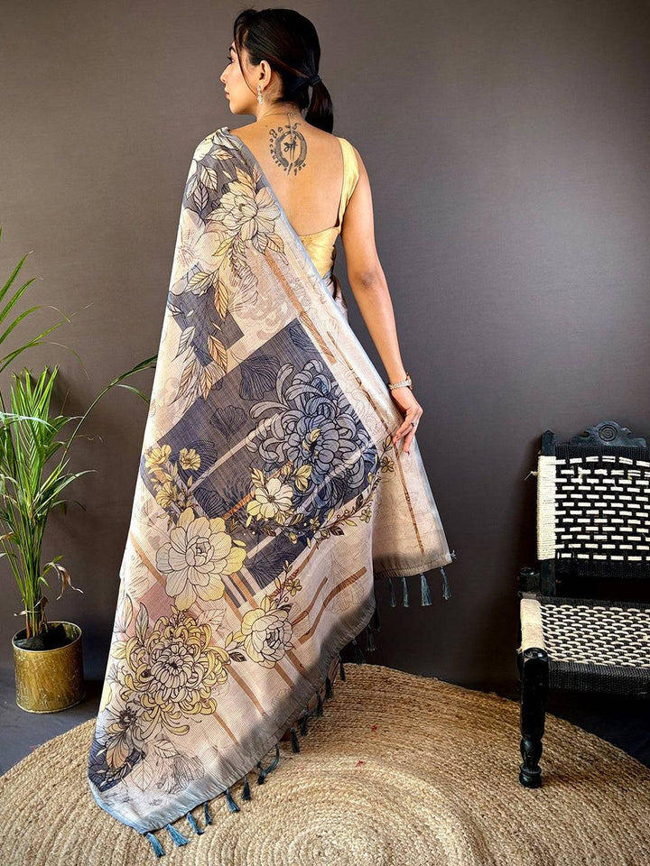 Beige Soft Silk Saree with Grey Floral Digital Print & Contrast Tassel Pallu