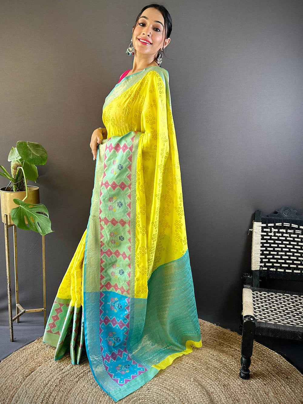Yellow & Aqua Patola Design Soft Silk Saree with Contrast Pink Blouse