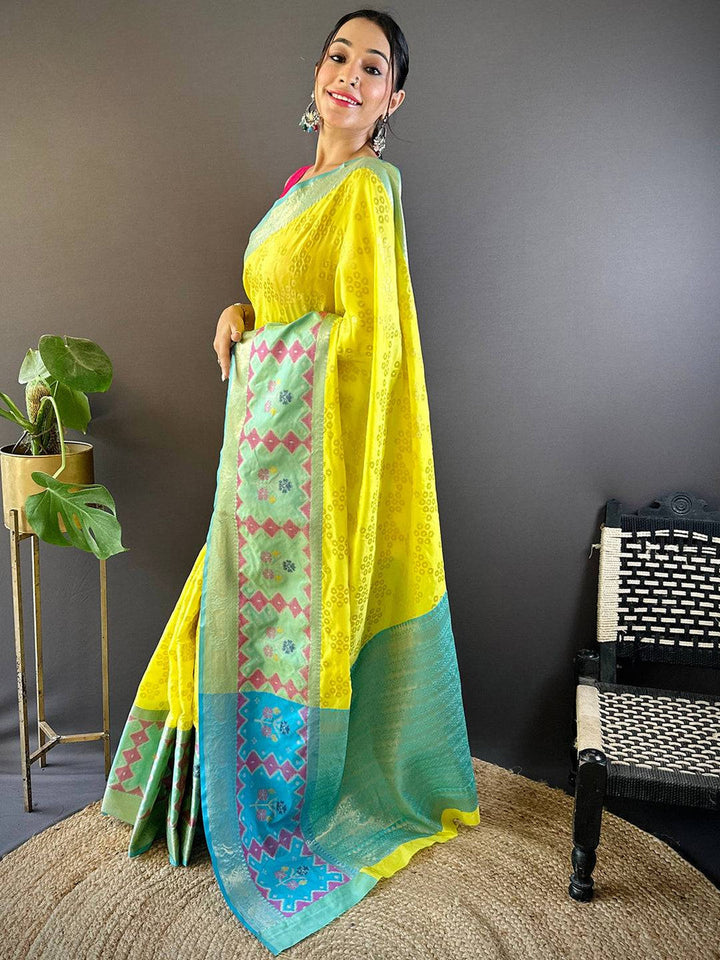Yellow & Aqua Patola Design Soft Silk Saree with Contrast Pink Blouse