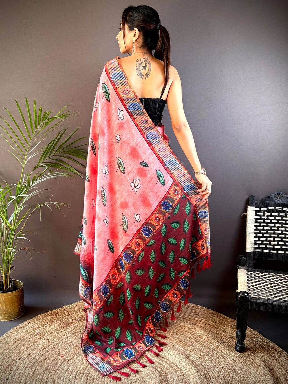 Peach Red Soft Silk Saree with Hand Painted Style Floral Print & Contrast Maroon Border