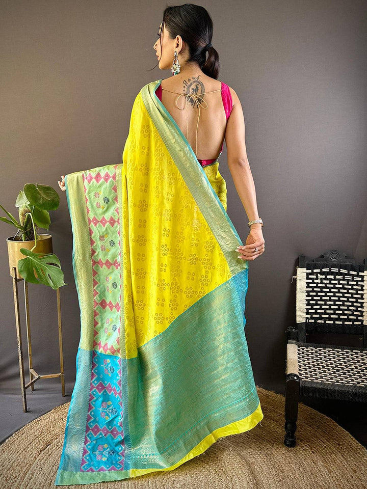Yellow & Aqua Patola Design Soft Silk Saree with Contrast Pink Blouse
