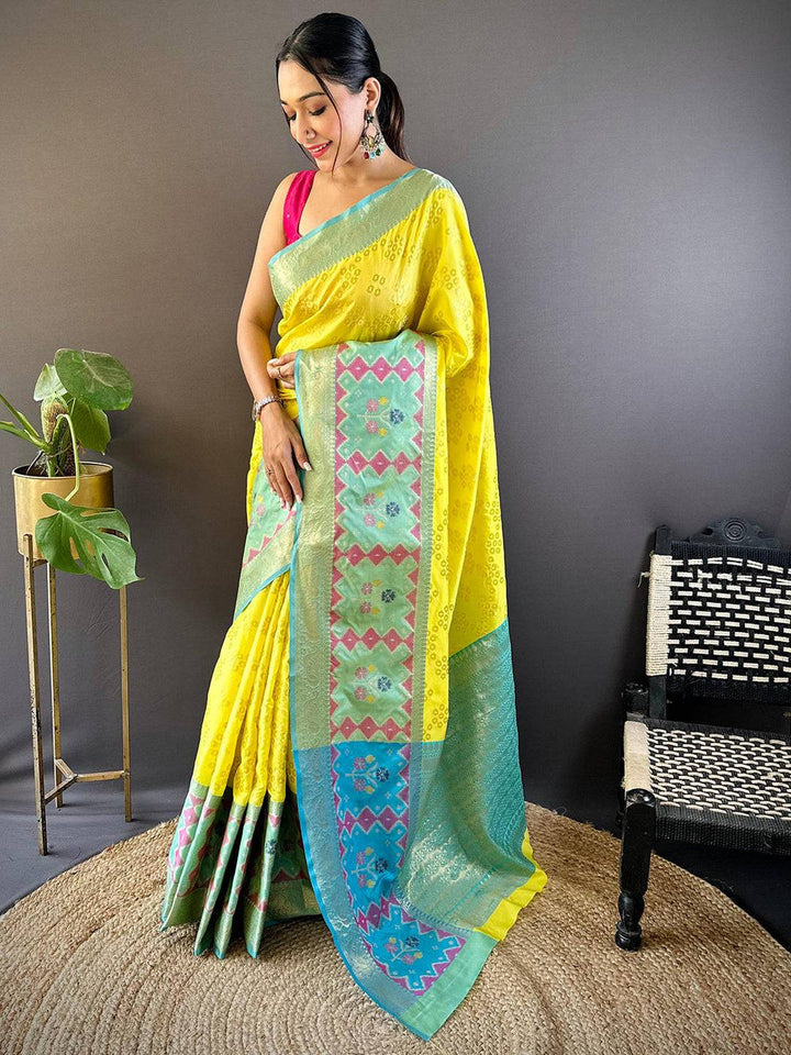 Yellow & Aqua Patola Design Soft Silk Saree with Contrast Pink Blouse